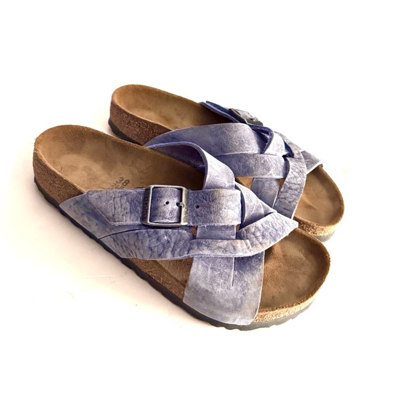 Birkenstock Lugano Soft Footbed Oiled Suede Sandals in Dusty Blue - Picture 2 of 9